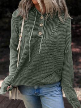 Mist Green Mineral Wash Ribbed Knit Button Drawstring Neck Hooded Sweater