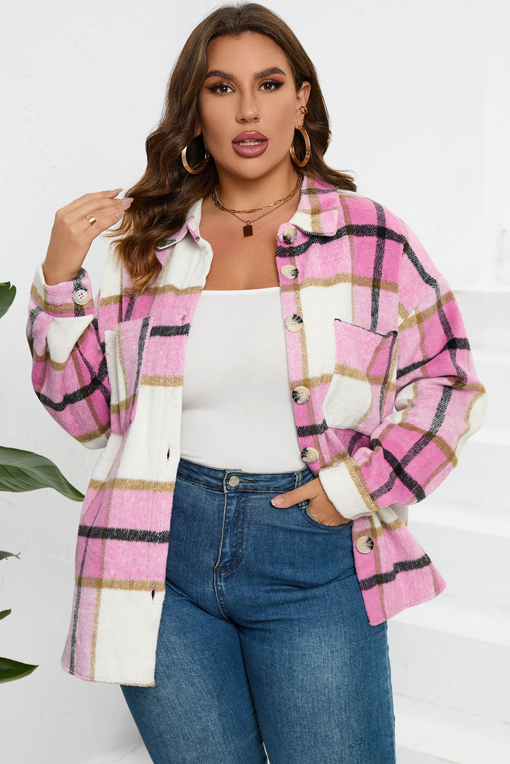 Pink Plaid Color Block Buttoned Long Sleeve Jacket with Pocket - Image 3