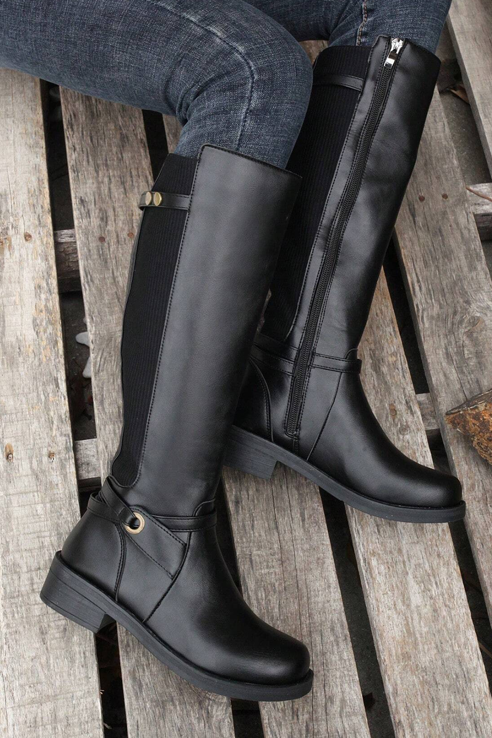 Black Side Zipper Knee High Chunky Low Heel Boots - Image 8