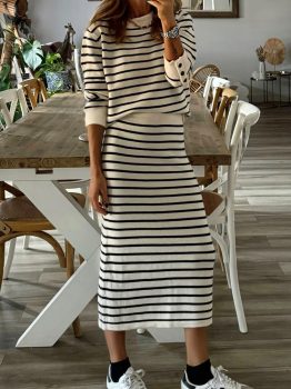 Black Stripe Ribbed Trim Button Cuff Long Sleeve Top Midi Skirt 2pcs Outfit