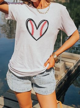 White Baseball Heart Shape Embroidery Graphic Tee