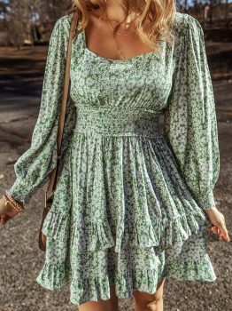 Green Floral Print Square Neck Shirred Waist Tiered Ruffled Mini Dress