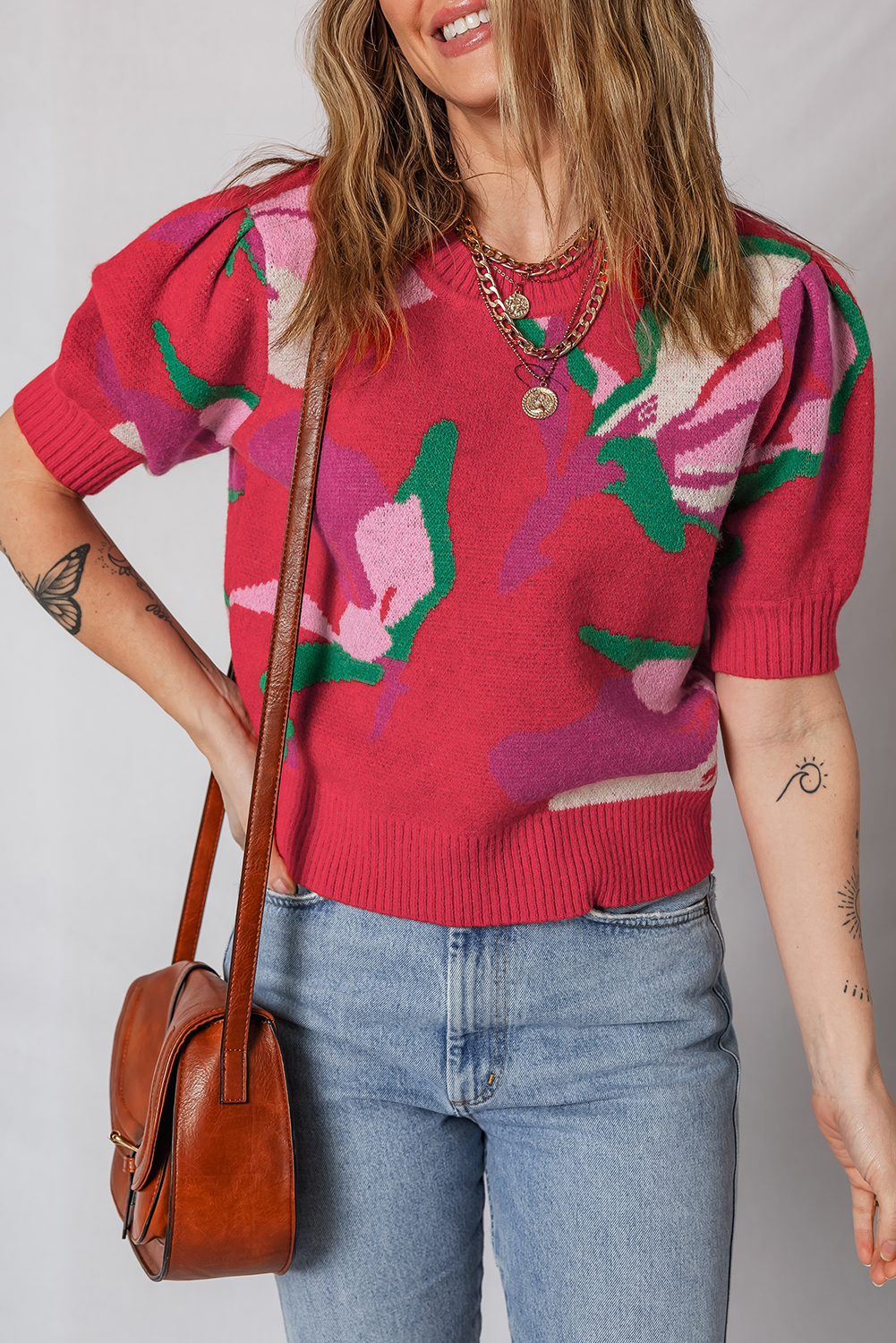 Red Floral Abstract Print Short Puff Sleeve Sweater - Image 3
