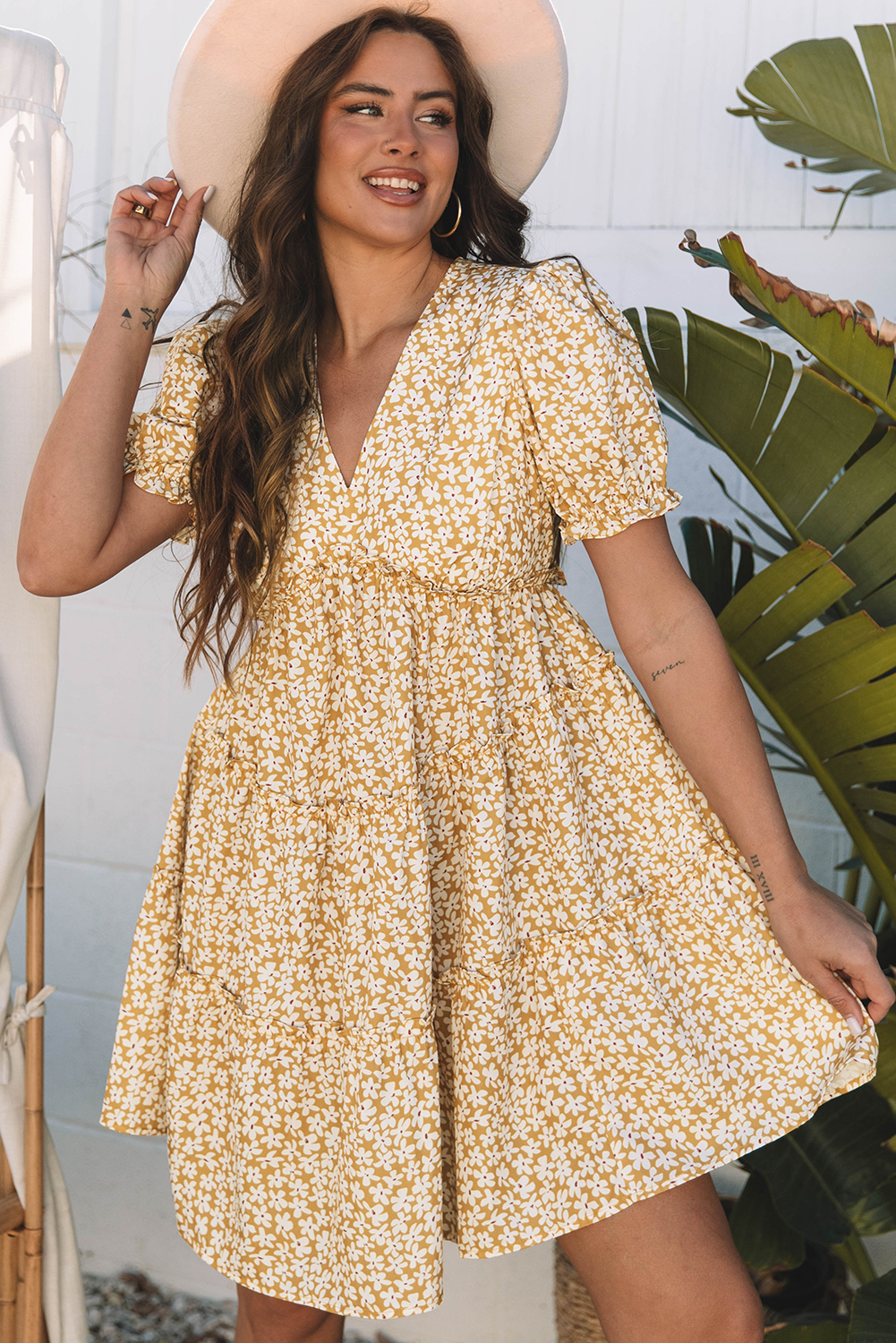Yellow Floral Short Sleeve V Neck Frilly Tiered Mini Dress - Image 5
