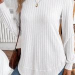 White Ribbed Texture Round Neck Long Sleeve Rounded Hem Knit Top