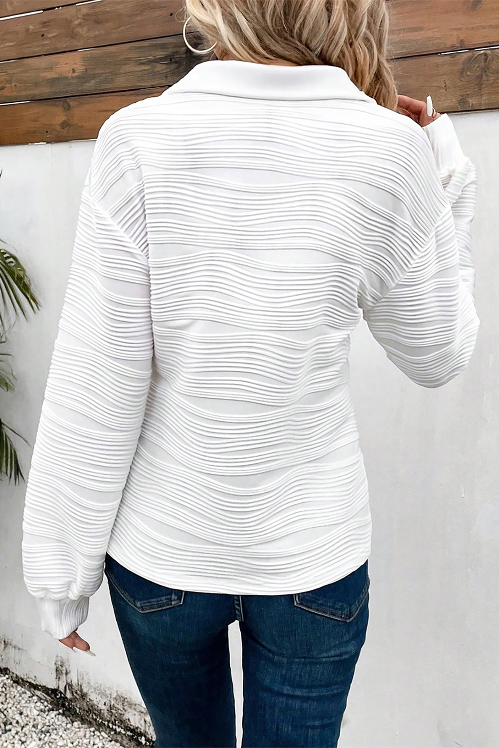White Solid Color Textured Zip V Neck Pullover Sweatshirt - Image 2