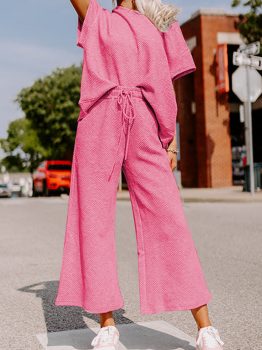 Strawberry Pink Textured Loose Fit T Shirt and Drawstring Pants Set