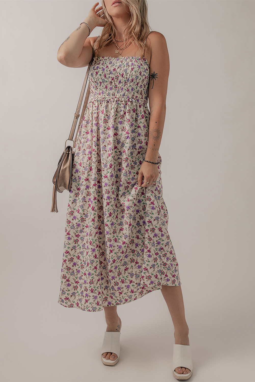 Multicolour Bohemian Ditsy Floral Smocked Fit Flare Sundress - Image 3