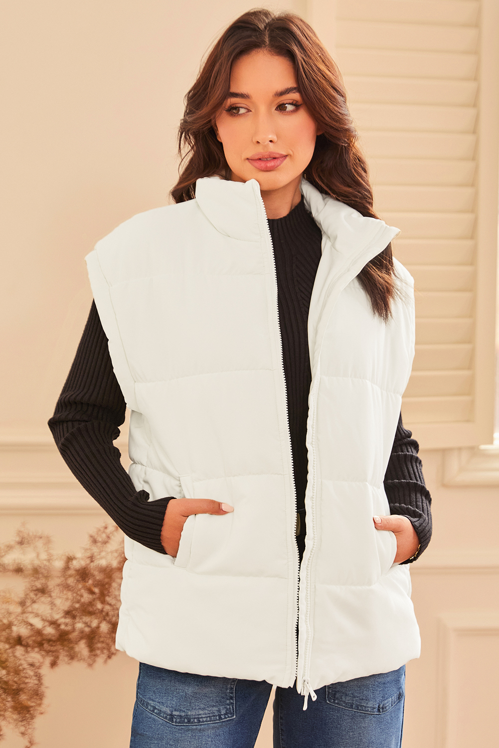 Beige Zipper Stand Neck Oversized Puffer Vest - Image 7