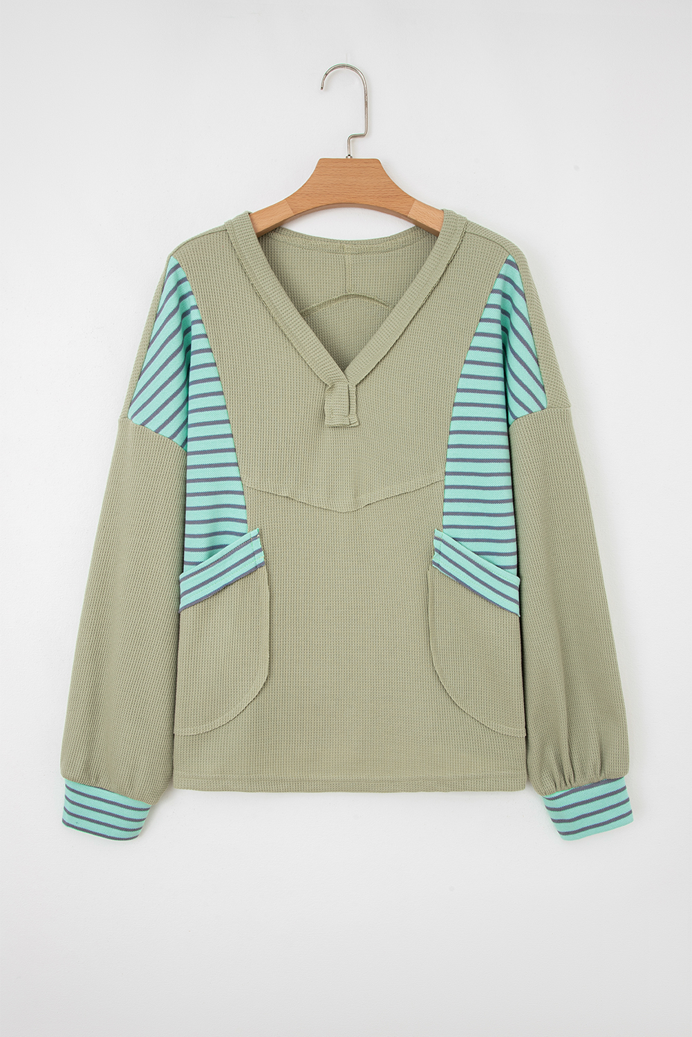 Meadow Mist Green Exposed Seam Waffle Striped Patchwork Baggy Pullover - Image 4