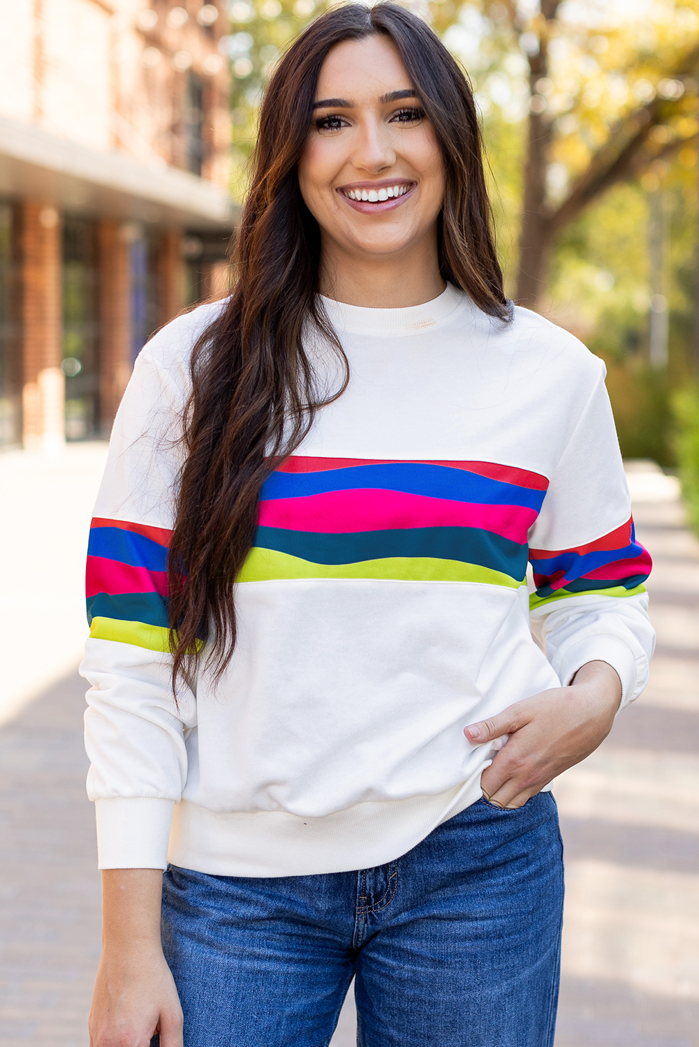 White Colorful Striped Accent Long Sleeve T Shirt - Image 6