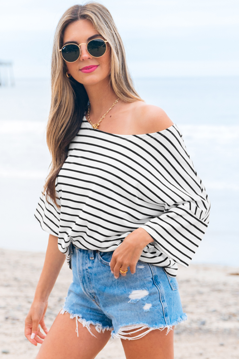 Black Stripe Half Sleeve Scoop Neck Loose Top - Image 4