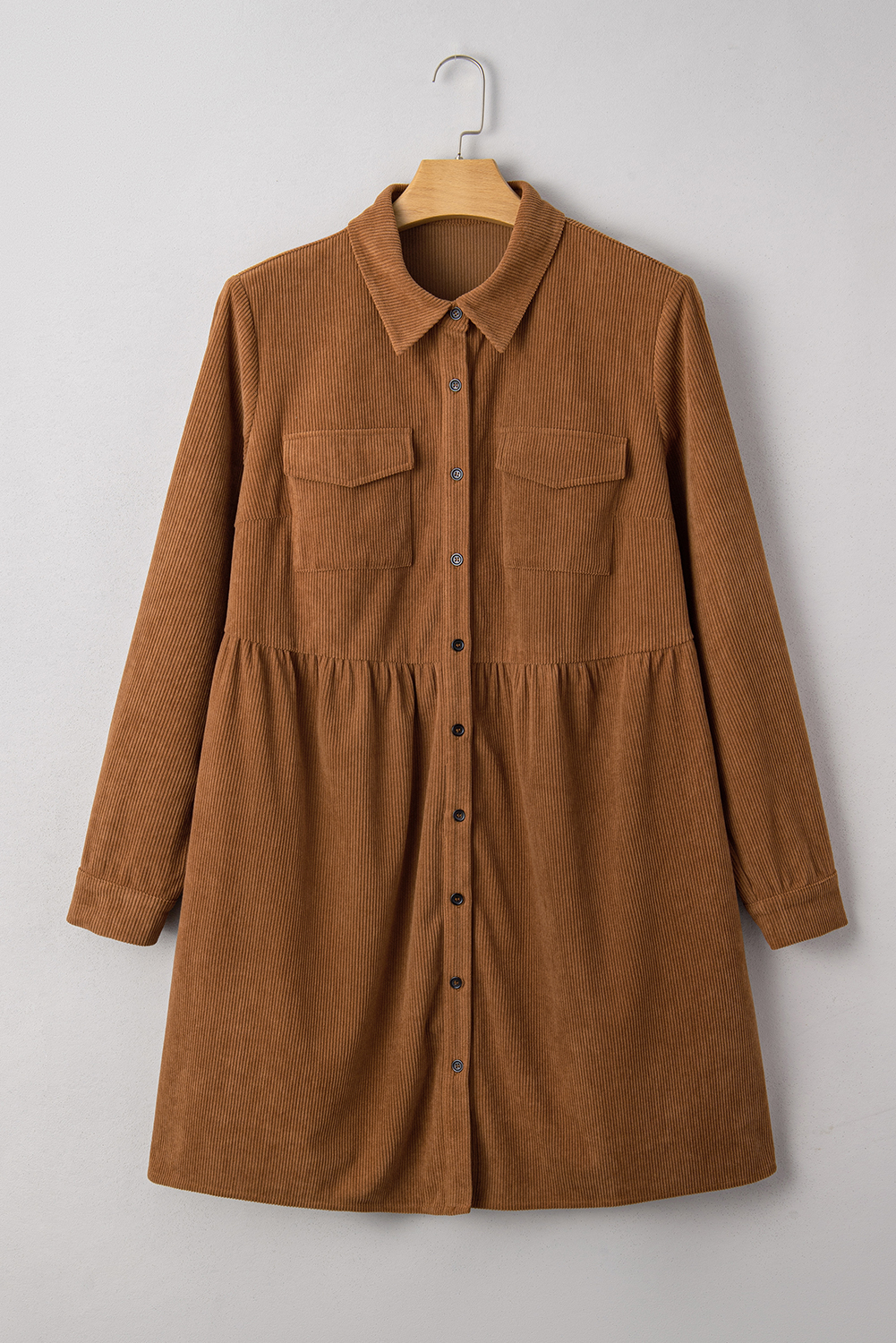 Camel Corduroy Full Buttoned Collared Shirt Style Plus Size Dress - Image 4