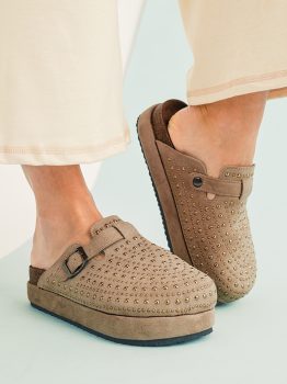 Parchment Rivet Buckle Closed Toe Platform Slippers