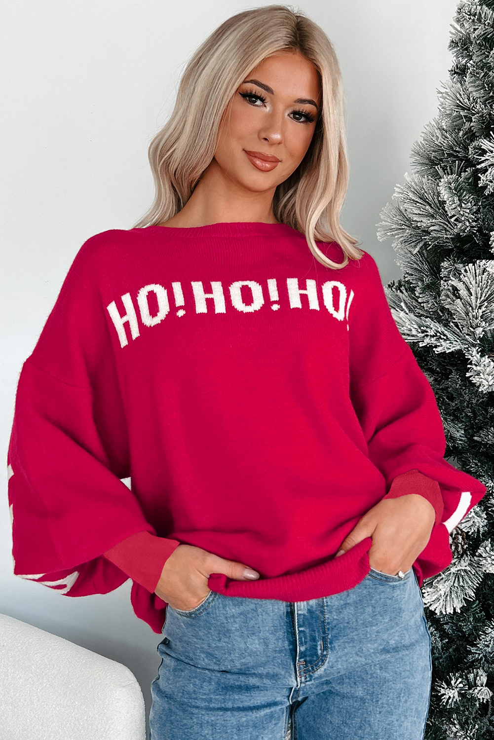 Fiery Red HO HO HO MERRY CHRISTMAS Drop Shoulder Loose Sweater - Image 3