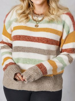 Multicolour Striped Colorblock Drop Shoulder Plus Size Sweater