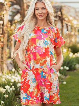 Pink Floral Print Bubble Short Sleeve Dress