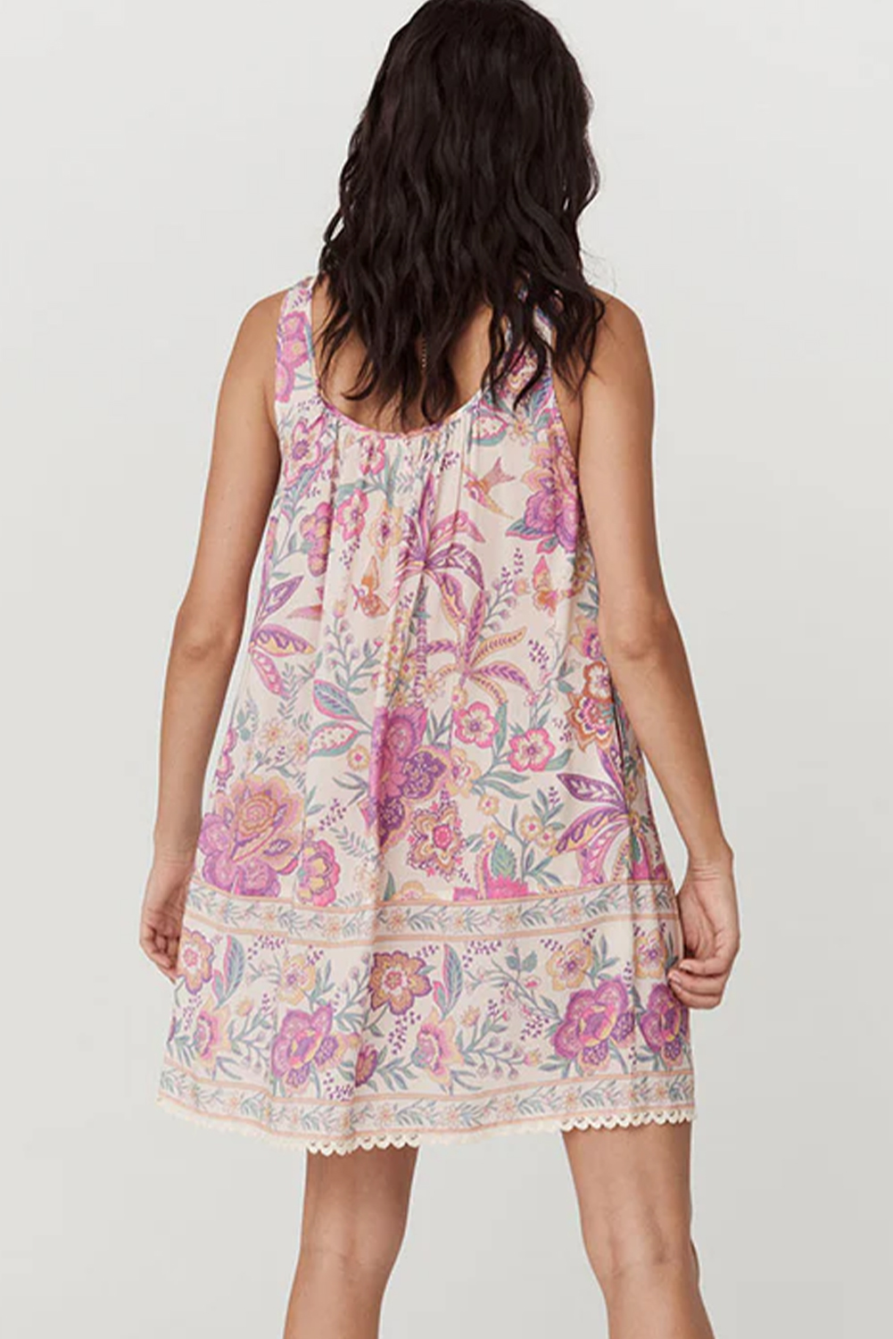 Multicolour Floral Print Fringed Tie U Neck Sleeveless Mini Dress - Image 2