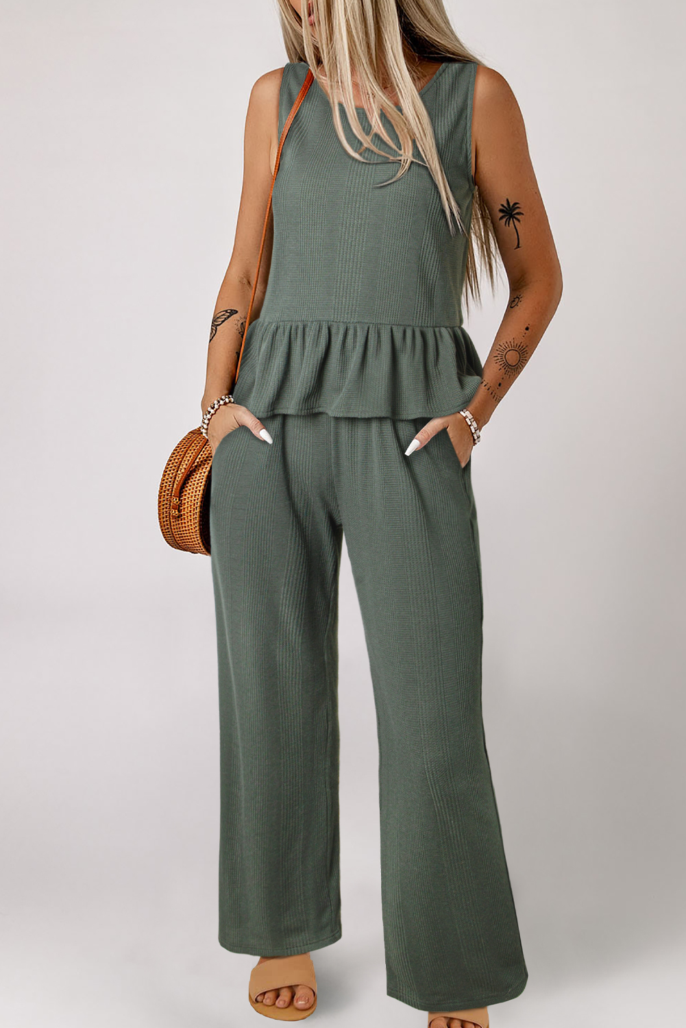 Duffel Green Solid Color Ribbed Ruffle Tank Top and Pants Set - Image 6