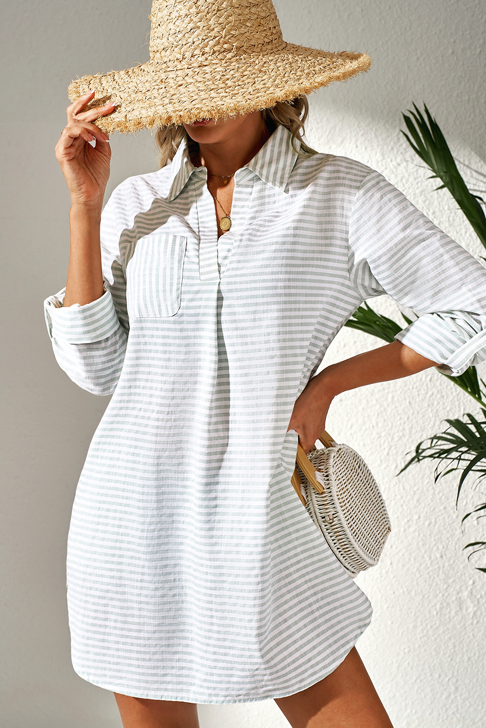White Stripe Collared V Neck Chest Pocket Long Sleeve Beach Cover up - Image 5