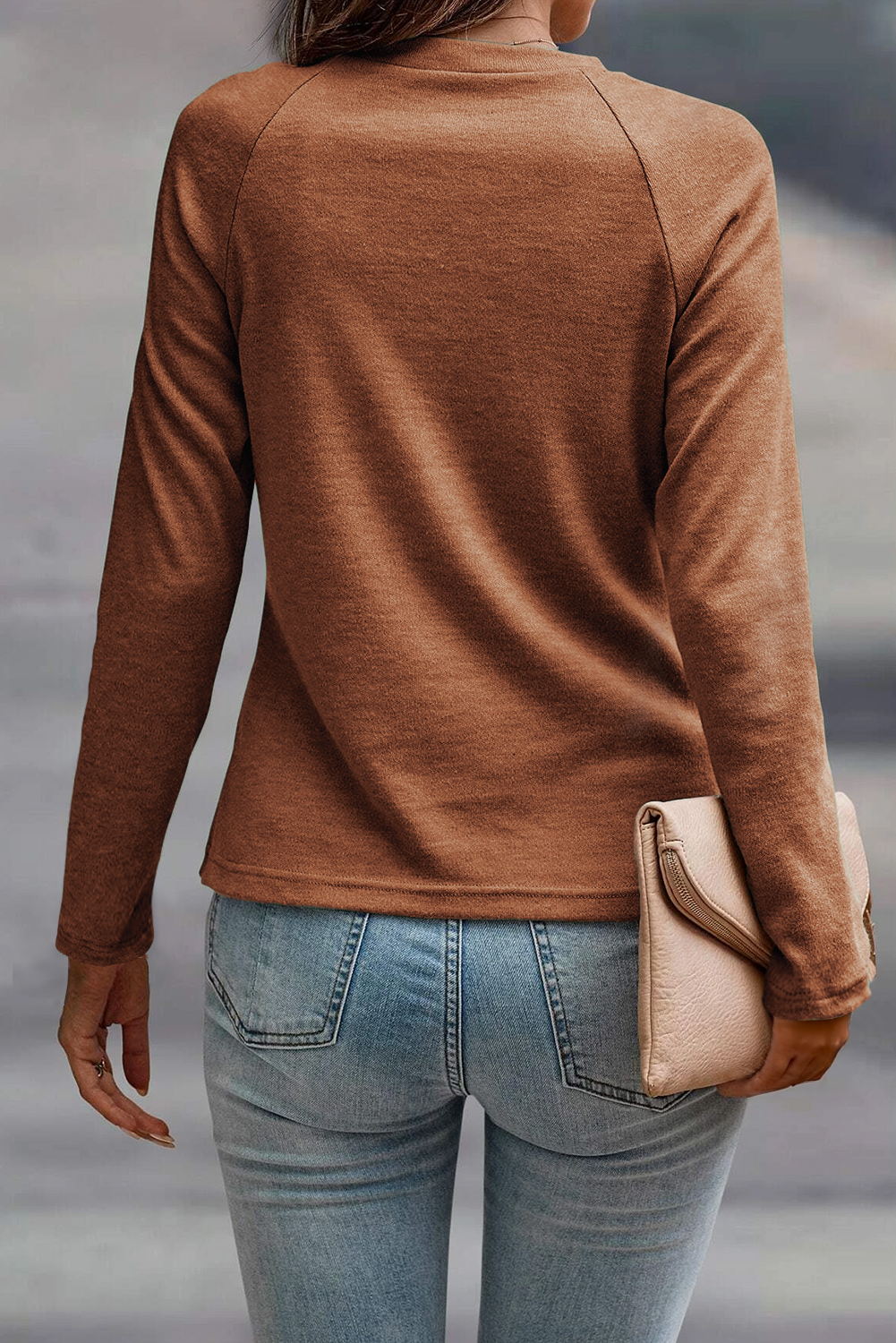 Cinnamon Solid Color Seam Detail Raglan Long Sleeve Top - Image 2