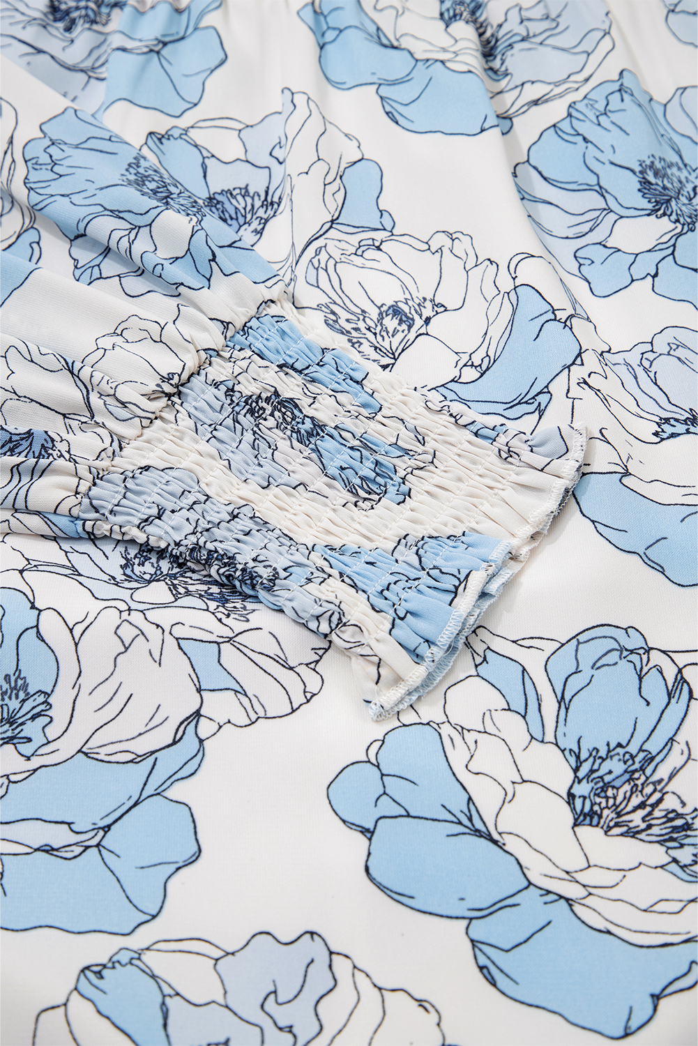 Sky Blue Floral Print Tie Neck Long Sleeve Flowy Mini Dress - Image 8