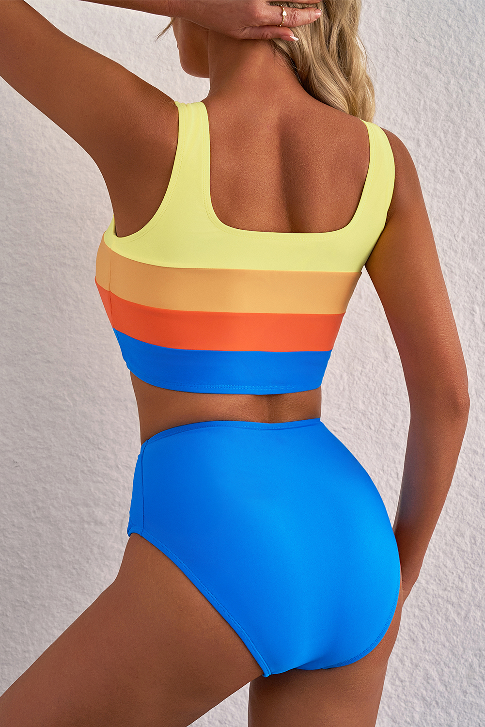 Blue Colorblock Square Neck Top Pleated High Waisted Bikini - Image 3