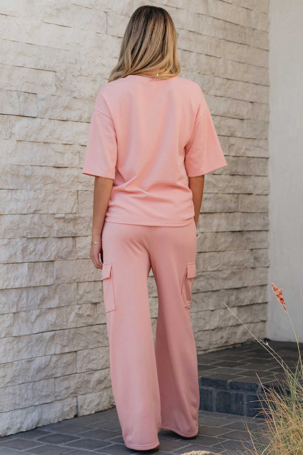 Apricot Pink Half Sleeve T-Shirt & Cargo Sweatpants Set - Image 2