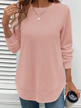 Gossamer Pink Rounded Hem Waffle Long Sleeve Top
