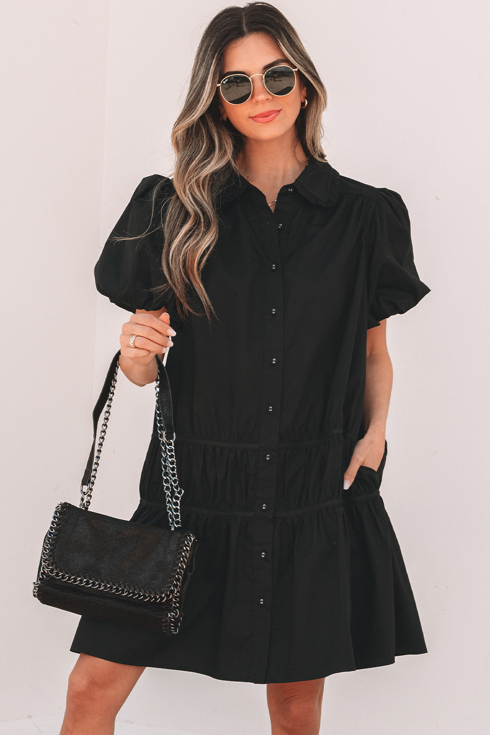 Black Shirt Style Button Down Puff Sleeve Ruffle Hem Dress - Image 3