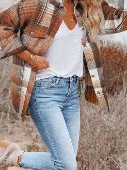 Brown Plaid Flap Pockets Shacket