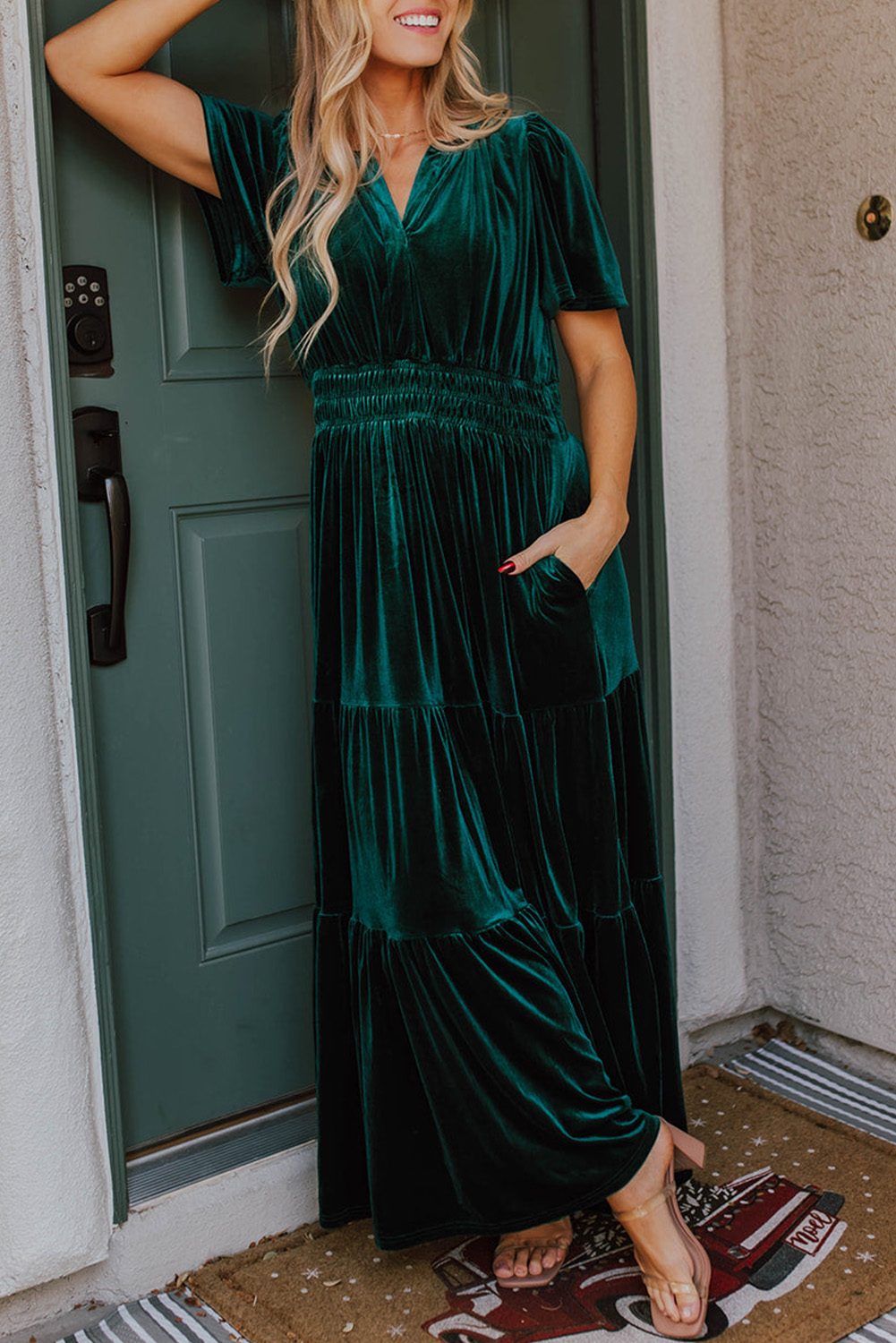 Evergreen Velvet Short Sleeve Shirred Waist Tiered Maxi Dress - Image 6