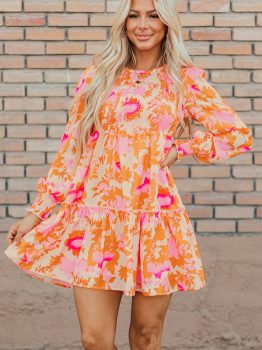 Orange Abstract Print Smocked Lantern Sleeve Ruffle Mini Dress