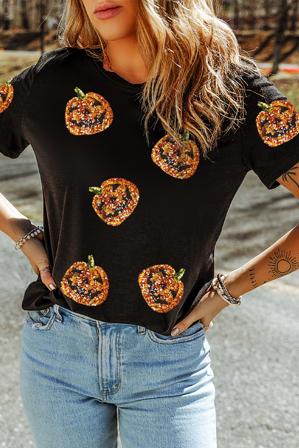 Black Sequin Pumpkin Face Halloween T Shirt - Image 5
