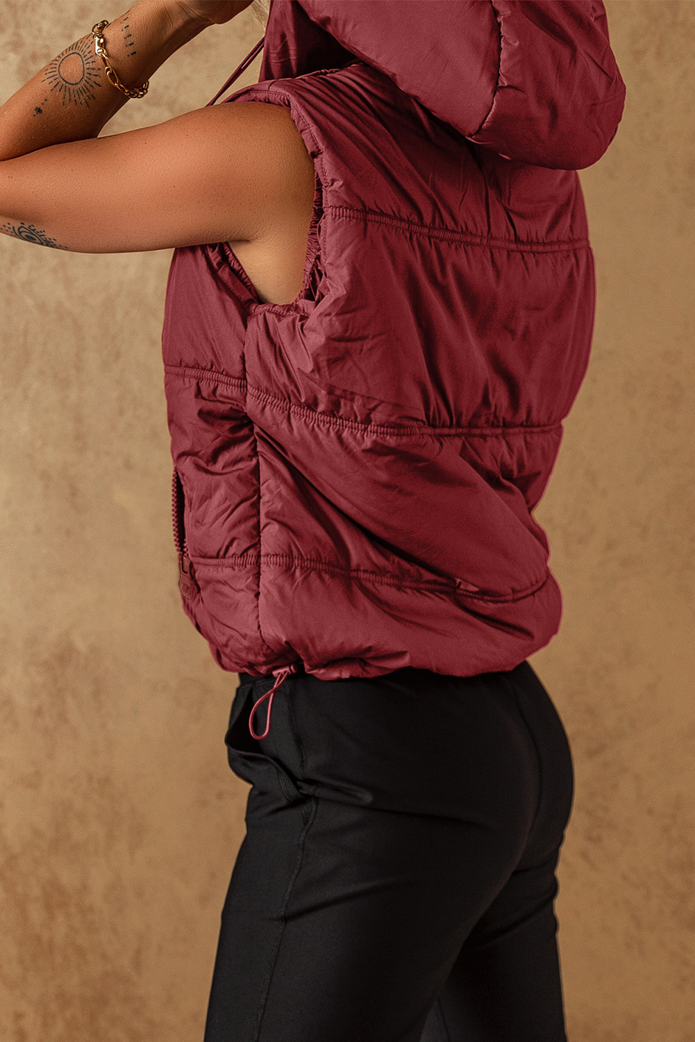Clay Zip-up Side Pockets Hooded Puffer Vest - Image 7