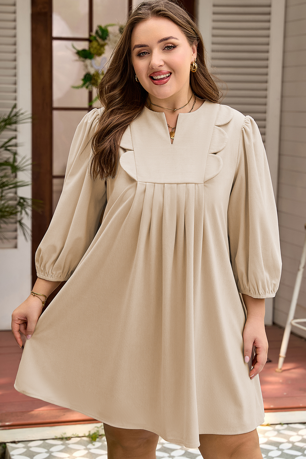 Parchment Notched Neck Scallop Detail Plus Size Mini Dress - Image 5
