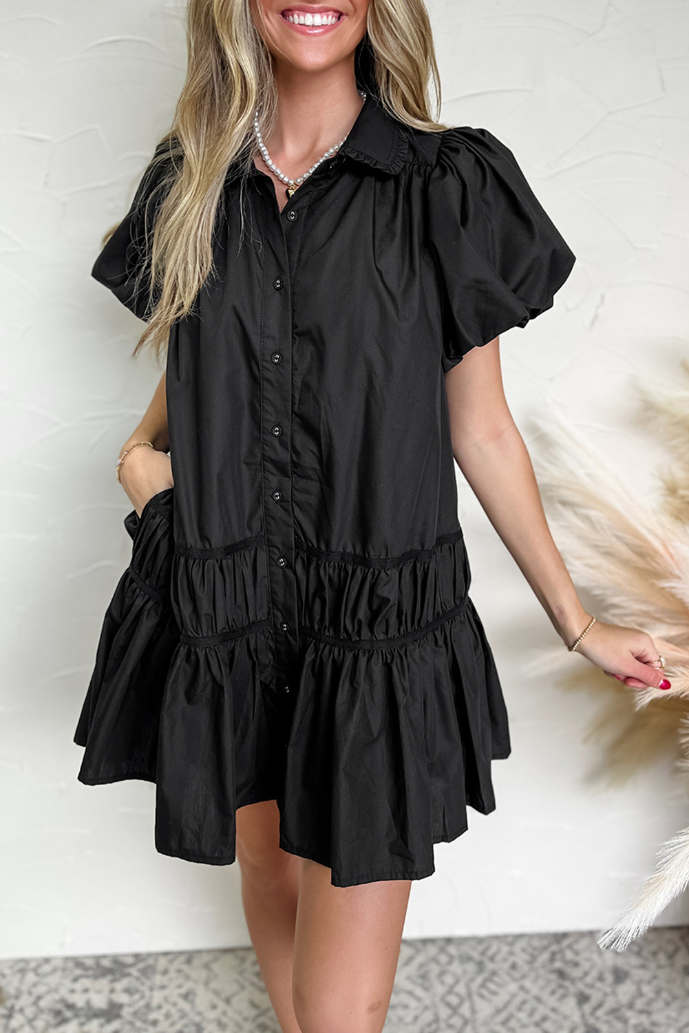 Black Shirt Style Button Down Puff Sleeve Ruffle Hem Dress - Image 8