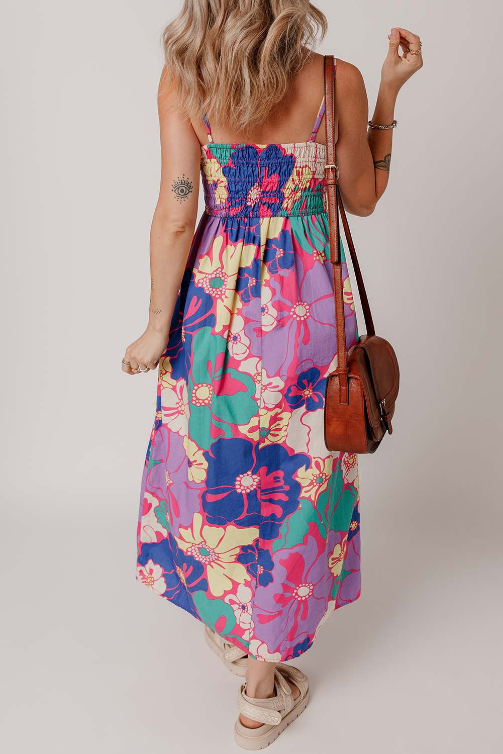 Purple Floral Print Shirred Spaghetti Strap Loose Maxi Dress - Image 2