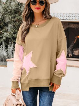 Sage Green Contrast Star Patchwork Exposed Seam Uneven Hem Drop Shoulder Sweatshirt