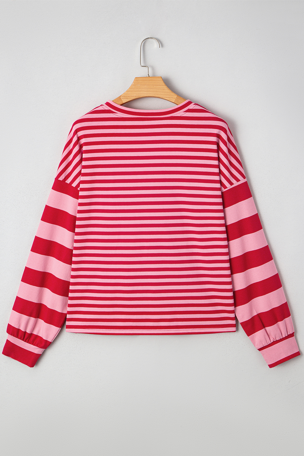 Strawberry Pink Mix Striped Drop Shoulder Patchwork Sleeve V Neck Pullover - Image 4