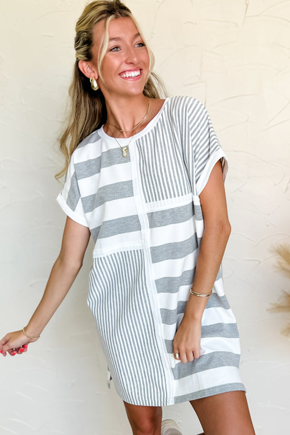 Gray Stripe Mixed Printed Short Sleeve Shift Mini T Shirt Dress - Image 4