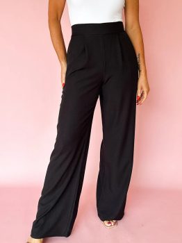 Black Pleated Detail Pull On High Elastic Waist Loose Straight Pants
