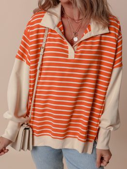 Orange Stripe Color Block Loose Fit Collared Drop Shoulder Sweatshirt