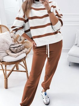 Brown Stripe Striped Drop Shoulder Pullover and Jogger Pants Set
