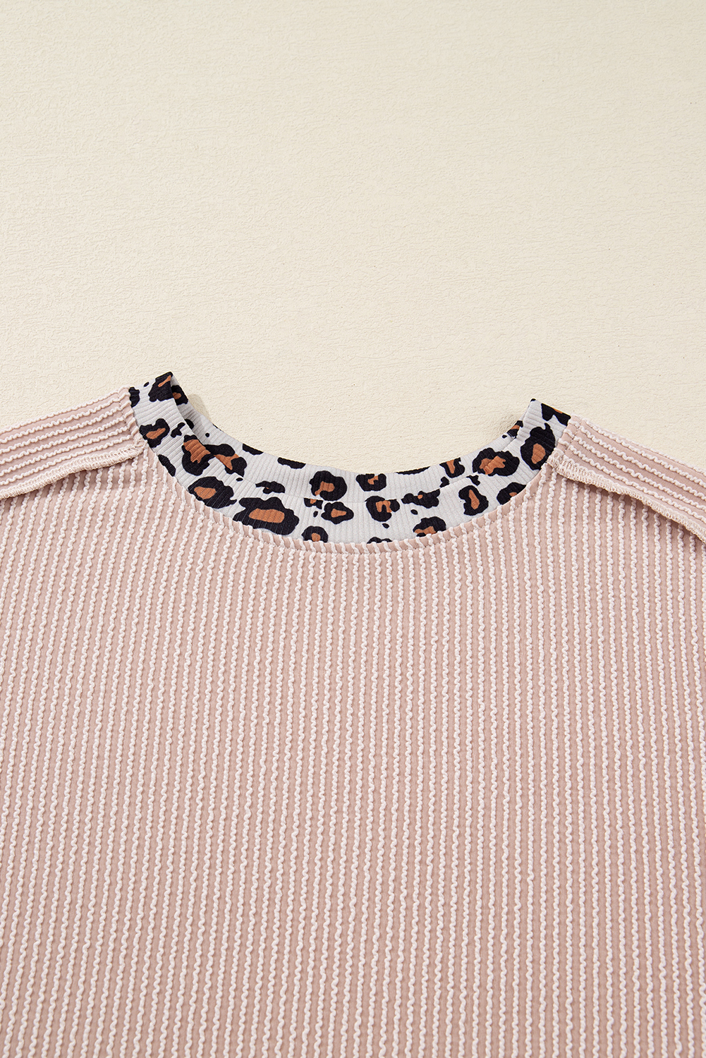 Beige Twist Ribbed Leopard Color Block Detail Drop Shoulder Long Sleeve Top - Image 6
