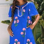Blue Floral Short Sleeve Split Neck Loose Mini Dress