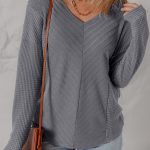 Sleet V Neck Chevron Texture Patchwork Long Sleeve Knit Top