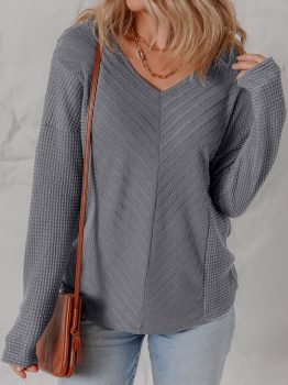 Sleet V Neck Chevron Texture Patchwork Long Sleeve Knit Top