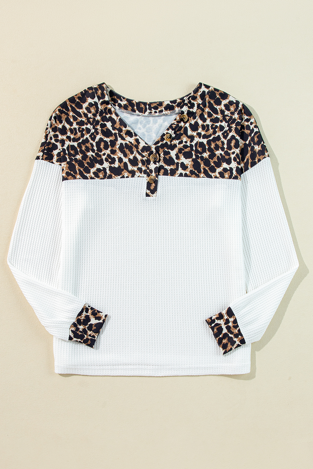 White Leopard Waffle Knit Patchwork Button V Neck Top - Image 4