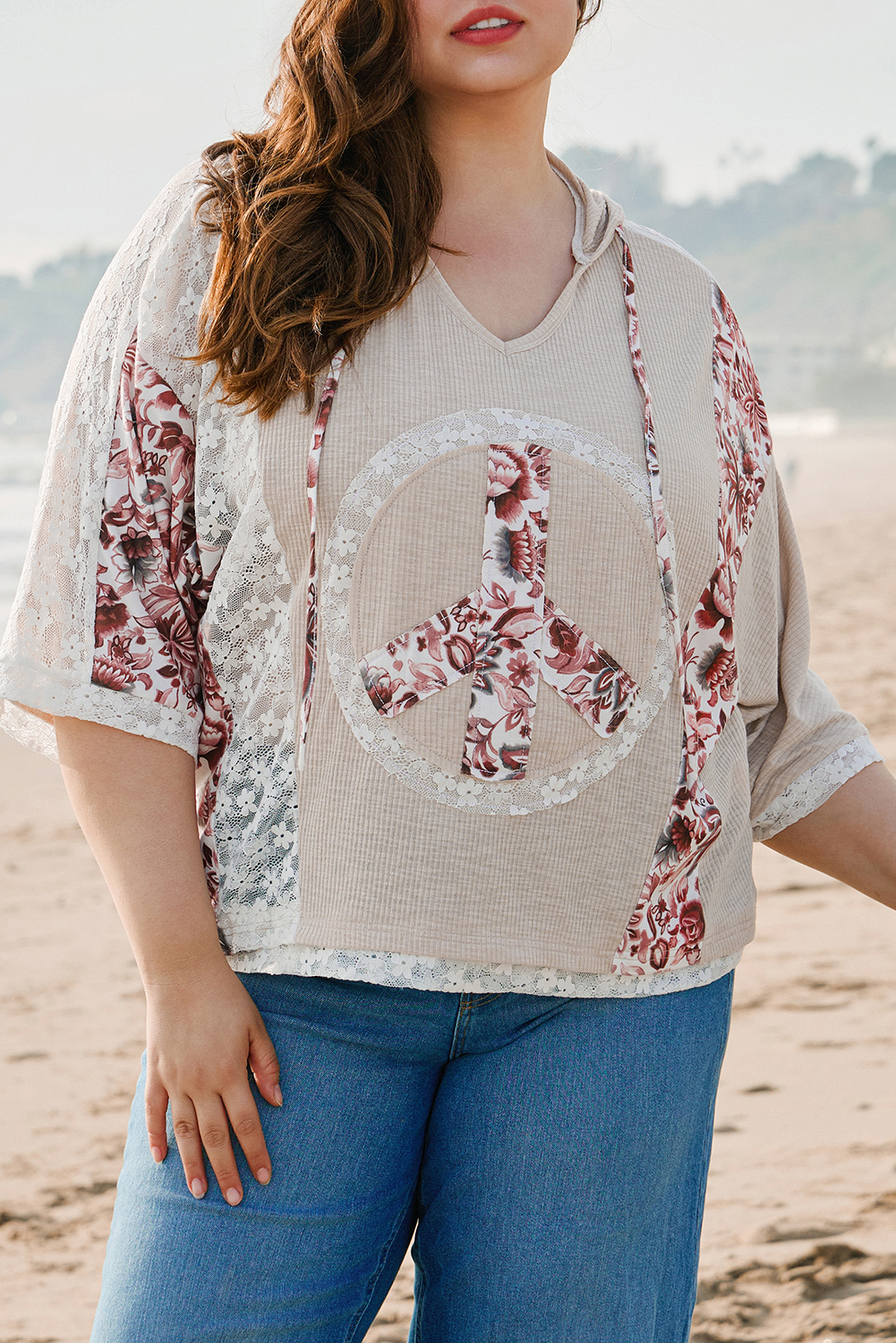 Khaki V Neck Floral Peace Sign Graphic Lace Patch Ribbed Plus Size Hooded Top - Image 7